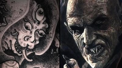 Monster tattoo on the left by Ganji and Dracula tattoo on the right by Eliot Kohek #EliotKohek #monstertattoos #monstertattoo #monster #demon #vampire #devil #ghoul #ghost #darkart #horror