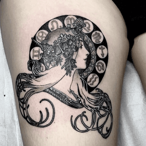 Mucha tattoo by Gerald Feliciano #GeraldFeliciano #mucha #zodiac #flowers #artnouveau #ladyhead #blackandgrey