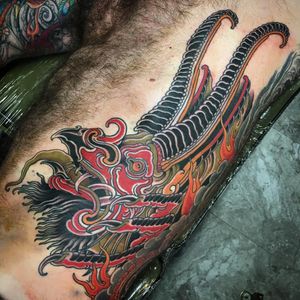Monster tattoo by Derek Noble #DerekNoble #monstertattoos #monstertattoo #monster #demon #vampire #devil #ghoul #ghost #darkart #horror #neotraditional #horns #color #medieval