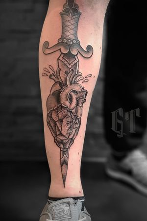 Done by Gorilla Tattoo#sword #heart #geometrical #dotwork #neotraditional #blackandgray 