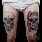 Done in 3 sessions men skull healed 7 months women skull some healed some fresh. Very good anf funny project 🤙🏻💉 #skull #skulltattoo #hipster #pinup #blackandgrey #blackandgreytattoo #intenzetattooink #fkirons #fadetheitch #stencilstuff #inkeeze #kwadron #ink #inked #inkedlife #inkedmag #tattoo #tattooist #tattooartist #artist #artwork #tattoooftheday #picoftheday #photooftheday #France #thomtats7 @fadetheitch @thomtats7 