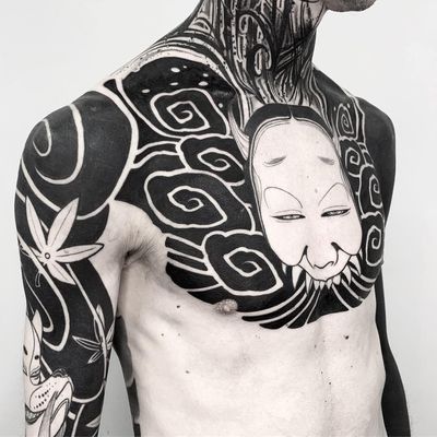 Monster tattoo by Oscar Hove #OscarHove #monstertattoos #monstertattoo #monster #demon #vampire #devil #ghoul #ghost #darkart #horror #neojapanese #blackwork #hannya