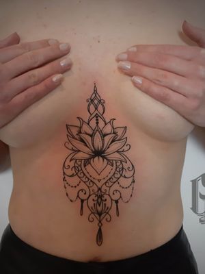 Done by Gorilla Tattoo#linework #underboob #mandala #lotus #flower