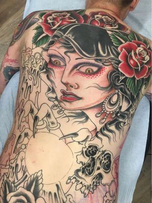 Work in progress tattoo by Klem Diglio #KlemDiglio #wiptattoo #wip #workinprogress #inprogresstattoo #unfinished #linework #neojapanese #traditional #candle #lady #gypsy #skull #color #backtattoo