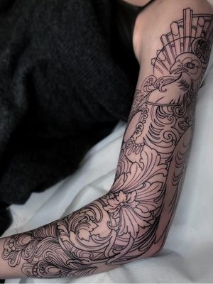 Work in progress tattoo by Clara Sinclair #ClaraSinclair #wiptattoo #wip #workinprogress #inprogresstattoo #unfinished #linework #armsleeve #upperarm #forearm #filigree #illustrative #neotraditional #peacock
