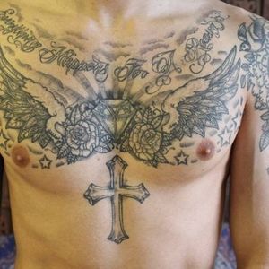 Black and grey, wings, cross, crucifix, stars, chest piece, chest and shoulders, diamond
