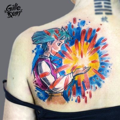 Howl (The Moving Castle) @guilleryan.arttattoo guilleryanarttattoo@gmail.com #howl #howlsmovingcastle #miyasakihayao #studioghibli #tattoos #animetattoos #geektattoos #sketchtattoos #inkgeekstattoos #tattoobarcelona #sketchtattoo #watercolor #watercolorartist #watercolortattoo