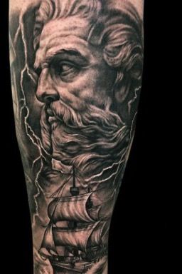 by Connor at sacred steel #zeus #zeustattoo #myths #greekmyths #mythology #ship #nautical #nauticaltattoo #lightning #god #greekgod #godofmen #godofthunder #sea #portrait #blackandgrey 