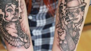 Black and grey, skin breaks, smoking, gangsters arm tattoos, matching arm tattoos, matching pair