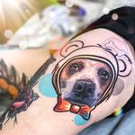 Work in progress tattoo by Chris Rigoni #ChrisRigoni #wiptattoo #wip #workinprogress #inprogresstattoo #unfinished #linework #upperleg #dog #bone #realism #realistic #abstract #bear #bowtie