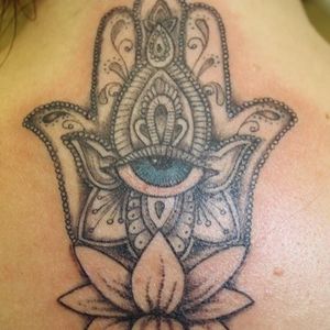 Black and grey, Hand of Fatima, Fine line, Lotus, Eye, Feminine, Back tattoo