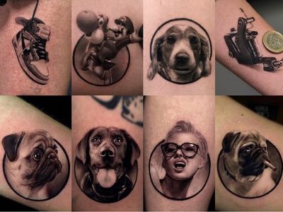 Hyperrealist tattoo by Ganga #Ganga #realism #hyperrealism #blackandgrey #nike #mario #dog #tattoomachine #pug #lady #ladyhead #portrait #sneaker #shoe #luigi #small #circle