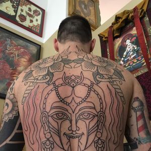 Work in progress tattoo by Miss Arianna #MissArianna #wiptattoo #wip #workinprogress #inprogresstattoo #unfinished #linework #shiva #rose #fire #crown #traditional #backtattoo