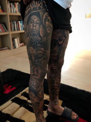 Hyperrealist tattoo leg sleeves by Ganga #Ganga #realism #hyperrealism #blackandgrey #MichaelJackson #BobMarley #LilWayne #MuhammadAli #portraits #legsleeve #legtattoo