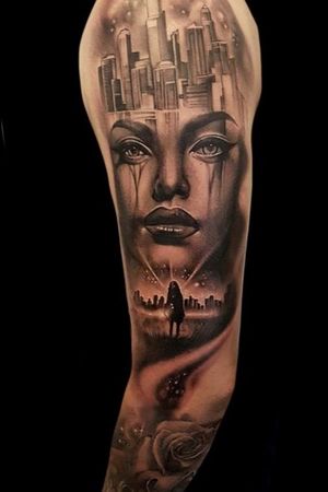 Tattoo uploaded by Sacred Steel Tattoo • by Pippa at sacred steel #portrait #city #cityscape #surreal #surrealism #rose #sleeve #ladyface #blackandgrey #blackandgray #space • Tattoodo Tattoo uploaded by Sacred Steel Tattoo • by Pippa at sacred steel #portrait #city #cityscape #surreal #surrealism #rose #sleeve #ladyface #blackandgrey #blackandgray #space • Tattoodo