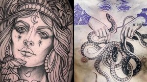 Work in progress tattoo on the left by Maria Dolg and work in progress tattoo on the right by Ana and Camille #AnaandCamille #MariaDolg #wiptattoo #wip #workinprogress #inprogresstattoo #unfinished #linework