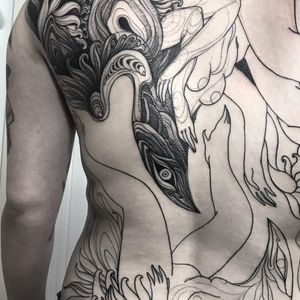 Work in progress tattoo by Lizard Milk #LizardMilk #wiptattoo #wip #workinprogress #inprogresstattoo #unfinished #linework #blackwork #surrealism #harpy #bird #backtattoo #backpiece