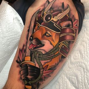 Fox Tattoo by Tiffer Wright #TifferWright # fox tattoo # fox tattoos # fox #kitsune #animals #nature #neotraditional #neojapanese #samurai #overarm #overarmtattoo #Color #writer #sword # maple leaf #helmet