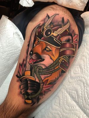 Fox tattoo by Tiffer Wright #TifferWright #foxtattoo #foxtattoos #fox #kitsune #animal #nature #neotraditional #neojapanese #samurai #upperarm #upperarmtattoo #Color #warrior #sword #mapleleaf #helmet