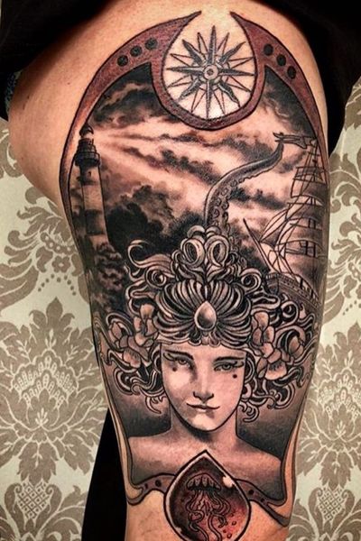 #artnoveau #queen #sea #kraken #ship #lighthouse