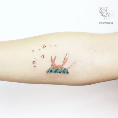 Fox tattoo by Ayhan Karadag #AyhanKaradag #foxtattoo #foxtattoos #fox #kitsune #animal #nature #forearm #forearmtattoo #littleprince #planet #stars #galaxy #watercolor #illustrative
