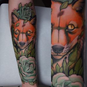 Fox tattoo by Jacob Wiman #JacobWiman #foxtattoo #foxtattoos #fox #kitsune #animal #nature #forearmtattoo #halfsleeve #rose #plants #neotraditional #color #flower