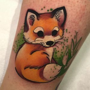 Fox tattoo by Cloto Acherontia #clotoacherontia #foxtattoo #foxtattoos #fox #kitsune #animal #nature #newschool #lowerlegtattoo #lowerleg #plants #leaves #color