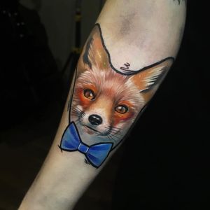 Fox tattoo by Victoria Benea #VictoriaBenea #foxtattoo #foxtattoos #fox #kitsune #animal #nature #realism #graphic #illustrative #popart #color #nwewschool #forearm #forearmtattoo #bowtie