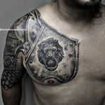 Lion armor tattoo . . . . . . #sculpture #armortattoo #armor #liontattoo #lion #blackandgreytattoo #blackandgrey #realistictattoos #chest #chesttattoo #tattoo #tattooartist #tattooart 