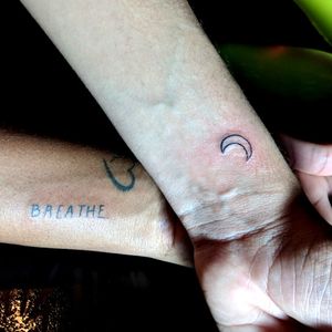Bestie tattoos: moon and breathe lettering freestyle