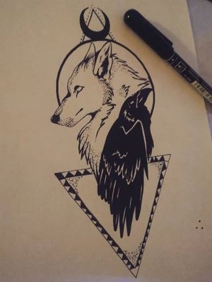 Raven with wolf #Tattoodo #tattooideas #wolfdraw #ravendraw #drawings 