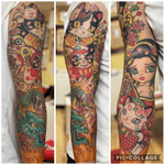 Lucky sleeve tattoo by Naoki #sleevetattoo # japanesetattoo #japanesekawaii # geishatattoo # dragontattoo # luckycat #goldfish 