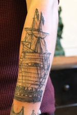 fine line, tall ship, boat, ship, sails, maritime, arm tattoo,