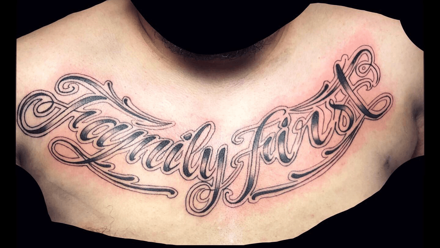 Kingcon tattoos  Big ole chest script today  family over everything  done samsaraink1  Facebook