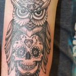 Owl, skull, candy skull, arm tattoo, diamond, black and grey