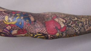 sleeve tattoo, arm, colour, fine line, girl, boxing gloves, 
