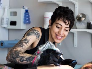 Tina Poe tattooing #TinaPoe #MoonTattooStudio #AustinTexas #Austin #Texas #tattooartist #illustrative #linework #fineline #dotwork #sketch