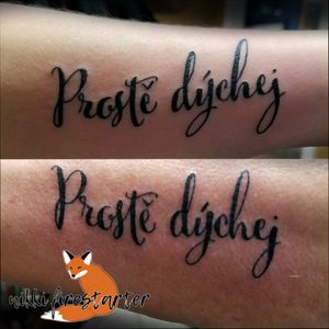Matching mother/daughter tattoos! (Correct me if I'm wrong, but) I believe this is Czech for "Just breathe."nikkifirestarter.com#typography #texttattoo #wordtattoo #quotetattoo #matchingtattoo #motherdaughtertattoo #simpletattoo #cutetattoo #wordart #tattoo #bodyart #bodymod #ink #art #nonbinaryartist #nonbinarytattooist #mnartist #mntattoo #visualart #tattooart #tattoodesign