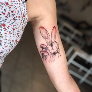 Illustrative tattoo by Tina Poe #TinaPoe #MoonTattooStudio #AustinTexas #Austin #Texas #tattooartist #illustrative #linework #fineline #dotwork #sketch #upperarm #bunny #rabbit #mushrooms