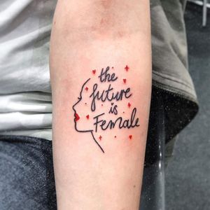 The Future is Female tattoo by Moon Doll Ink #MoonDollInk #femaleempowerment #intersectionalfeminism #womxn #feministtattoo #badasstattoos #cooltattoos #riotgrrl #girlpower #grlpwr #script #illustrative #portrait #stars #forearm #arm 