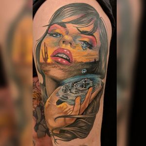 My finished tattoo by #MeganJeanMorris #surrealism #surrealistic #female #femaleface #colortattoo #water #dessert #realism #realismtattoo #thightattoos 