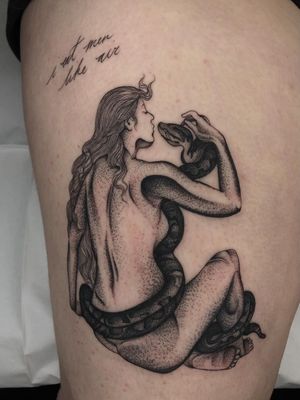 Lilith tattoo by Tine DeFiore #TineDeFiore #femaleempowerment #intersectionalfeminism #womxn #feministtattoo #badasstattoos #cooltattoos #riotgrrl #girlpower #grlpwr #upperleg #lady #lilith #snake #script #illustrative 