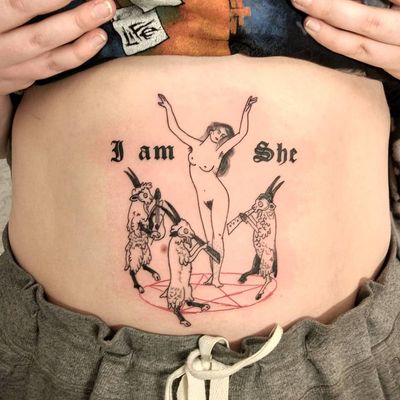 She tattoo by Lee aka rat666tat #Lee #rat666tat #femaleempowerment #intersectionalfeminism #womxn #feministtattoo #badasstattoos #cooltattoos #riotgrrl #girlpower #grlpwr #she #goats #pentagram #goya #illustrative #stomachtattoo 