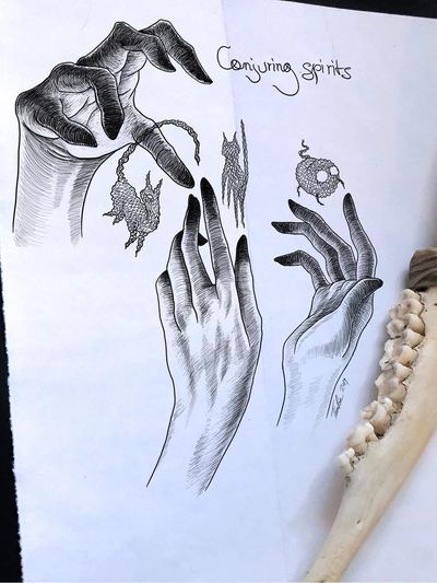 Illustrative tattoo art by Tina Poe #TinaPoe #MoonTattooStudio #AustinTexas #Austin #Texas #tattooartist #illustrative #linework #fineline #dotwork #sketch #hands #spirits #ghosts #magic #cats