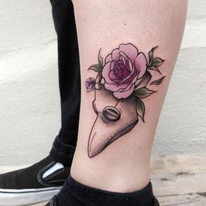 Plague mask with rose, lower left leg, original design. Eternal ink colors. Neo traditional