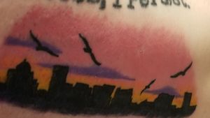 Portland Maine skyline at sunset @ Red Sparrow Tattoo Company by Anne Nault.