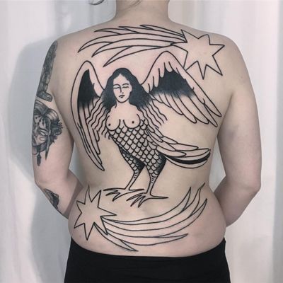 This weeks favorite tattoo by Lintu Broken Birdie #LintuBrokenBirdie #favoritetattoos #besttattoos #awesometattoos #tattooidea #cooltattoos #uniquetattoos #tattooinspiration #harpy #backtattoo #stars