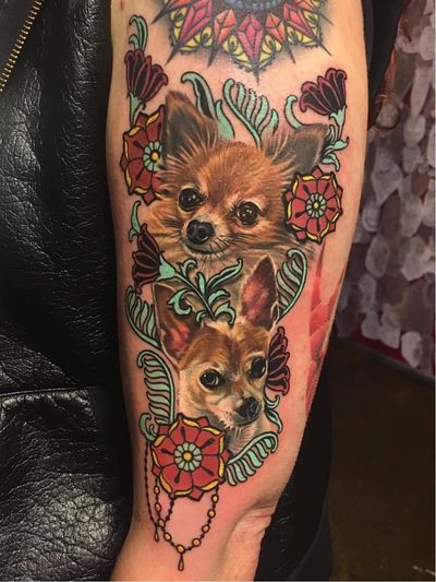 Tattoo by Megan Massacre - For The Kids: Flash Tattoo Fundraiser at Grit N Glory #GritNGlory #ForTheKids #PuertoRico #FlashTattoo #FlashEvent #fundraiser #MeganMassacre #upperarm #dog #floral #ornamental