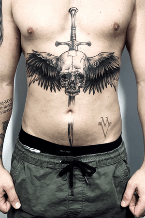 Skull, sword, stomach, ribs, gothic, dark tattoo
