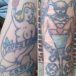 Tattoo designs by Sailor Jerry Collins, Tattooing done by Ron Beckman in 1992, photo taken in December 2018~ healed 27 years, no filter, no photo enhancement. 